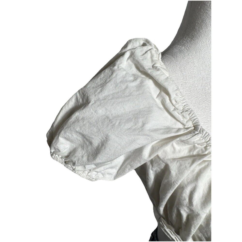 H&M Divided Crop Top Tie Front Puff Sleeve White Medium V-neck 100% Cotton - Picture 2 of 9